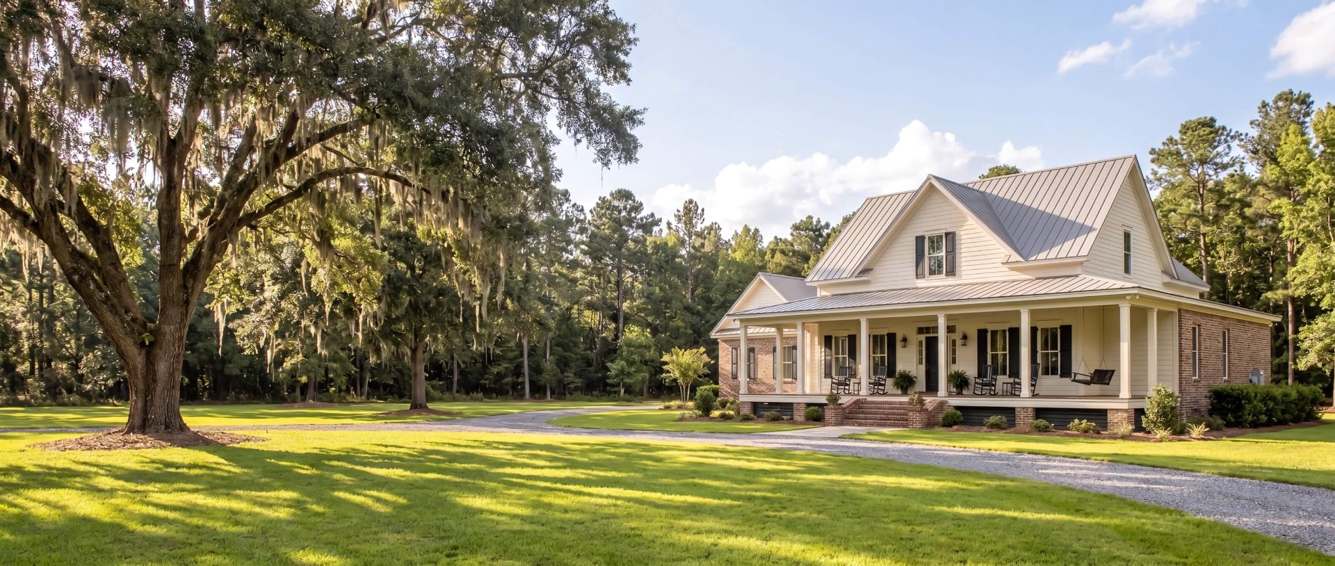 Healthy striped Southern lawn with oak trees